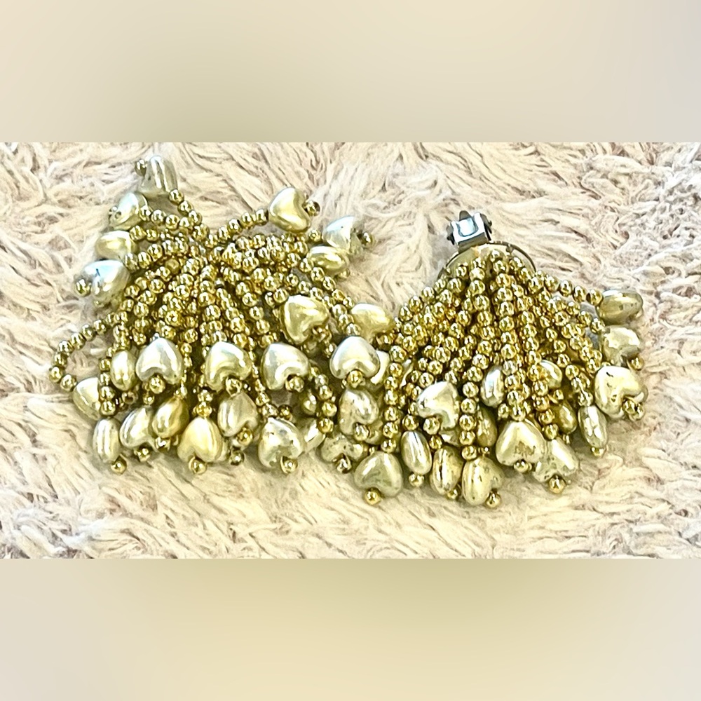 Vintage Cluster Dangle Heart Clip on Earrings - Gold and Silver